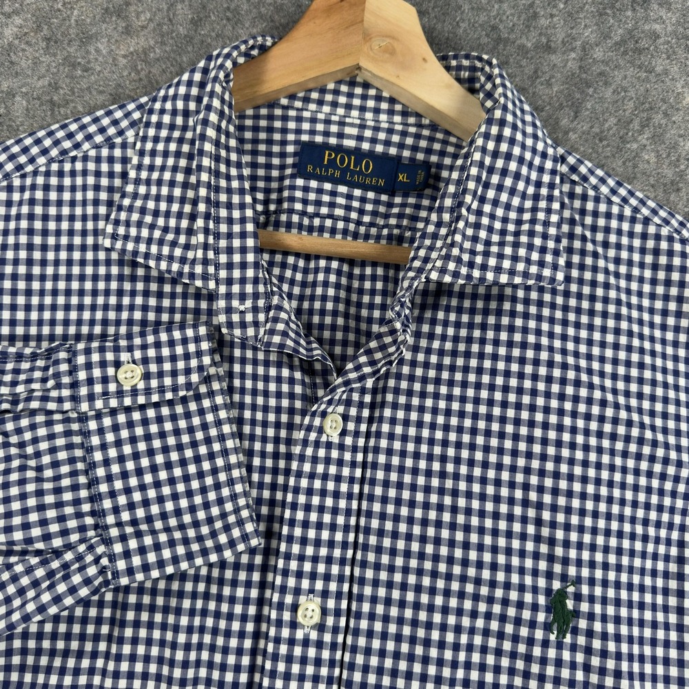 Polo Ralph Lauren Shirt Mens XL Blue Gingham Check Cotton‎ Button Long Sleeve